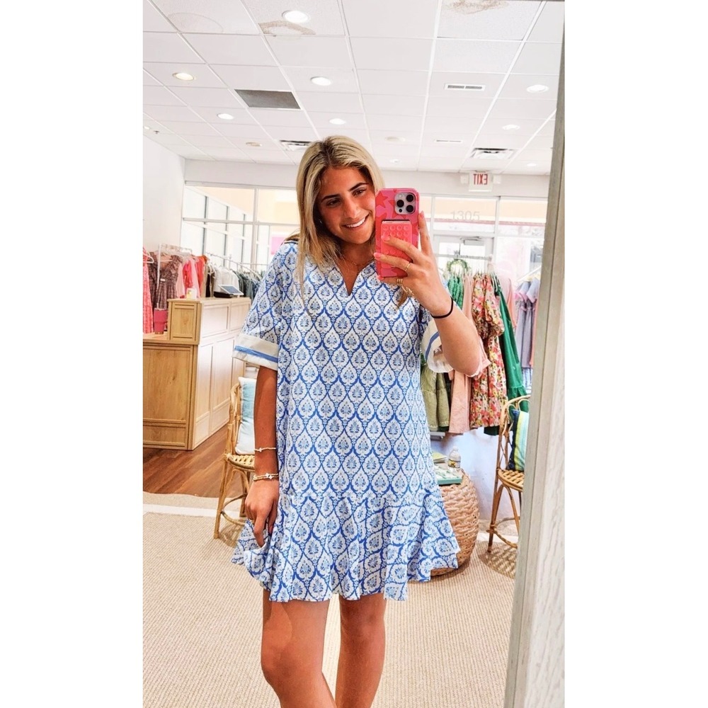 Entro Blue White Damask Print Ruffle Hem Mini Dress Split V-Neck‎ Small